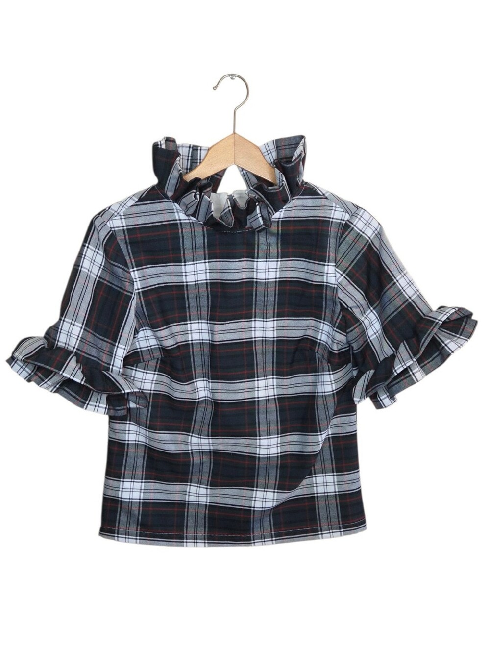 Elizabeth Wilson Dark Green White Plaid Ruffled High Neck Top Size Small Preppy